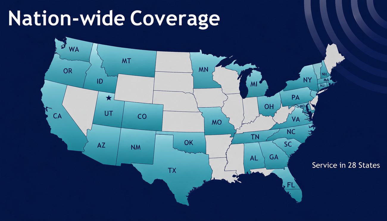 Map of the United States showing service in 28 states