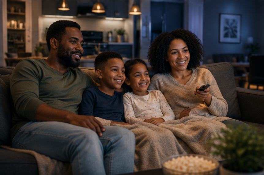 Family watching television together