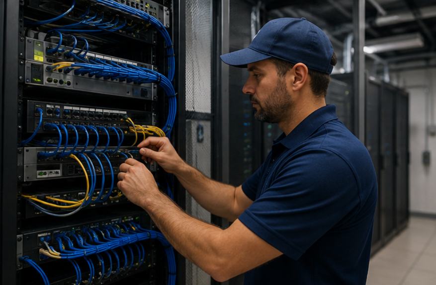Technician working in a property distribution frame